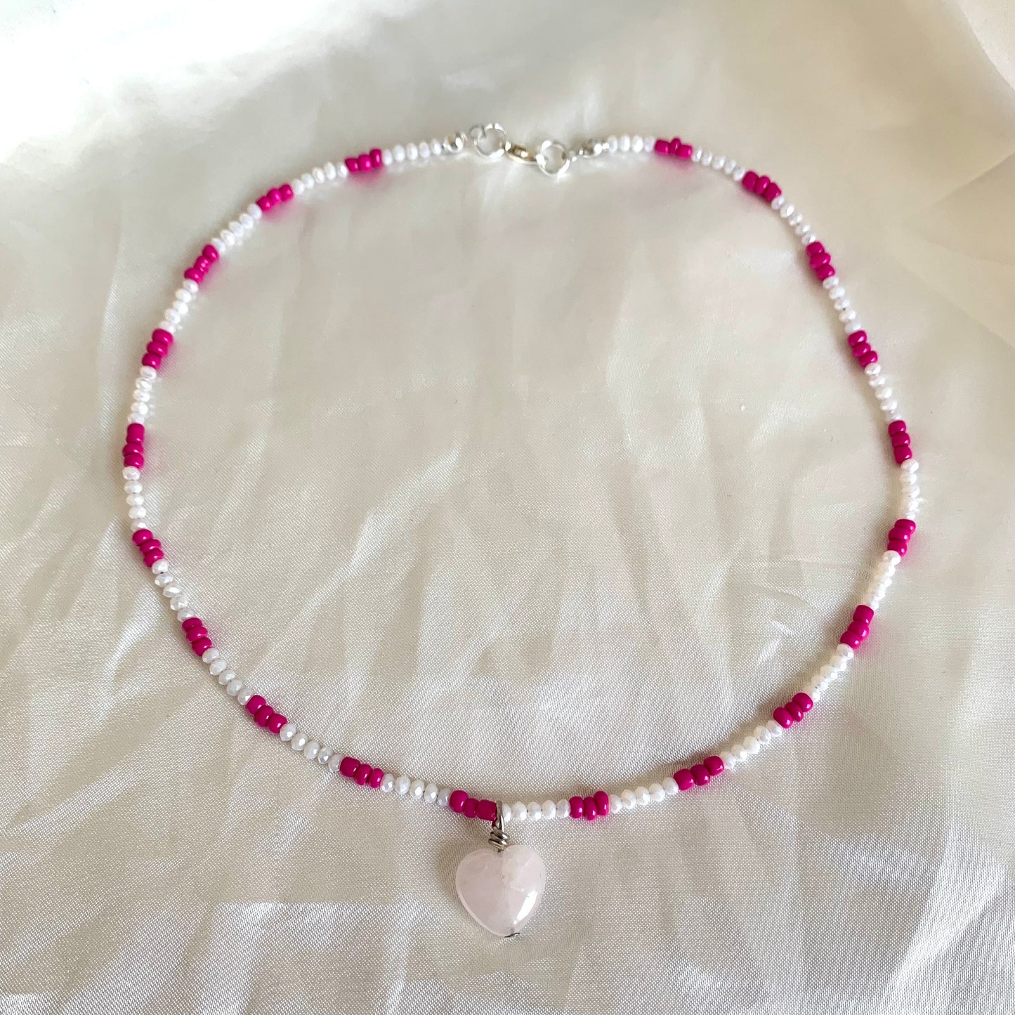 Handmade beaded pink and white rose quartz heart necklace