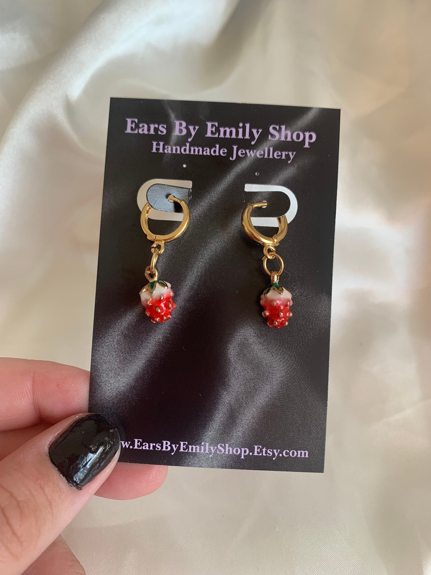 Red strawberry gold plated huggie hoop earrings