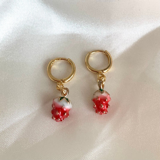 Red strawberry gold plated huggie hoop earrings