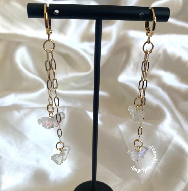 Gold clear chain butterfly hoop earrings