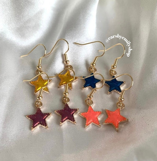 Blue, pink, purple or yellow star gold earrings