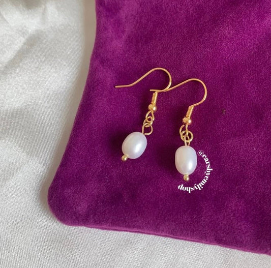 Gold plated fresh water white pearl earrings