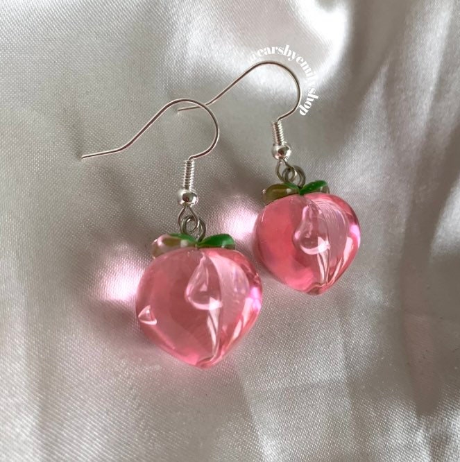 Pink transparent peach dangle silver earrings