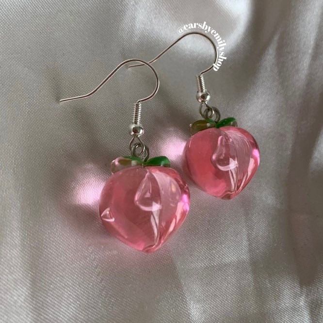 Pink transparent peach dangle silver earrings