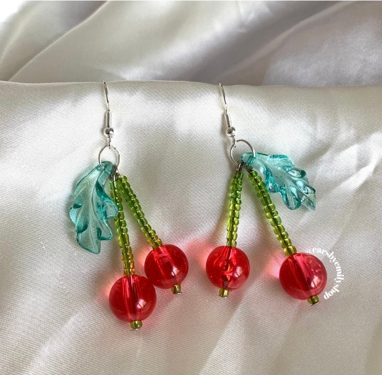 Handmade red and green beaded cherry silver dangle earrings