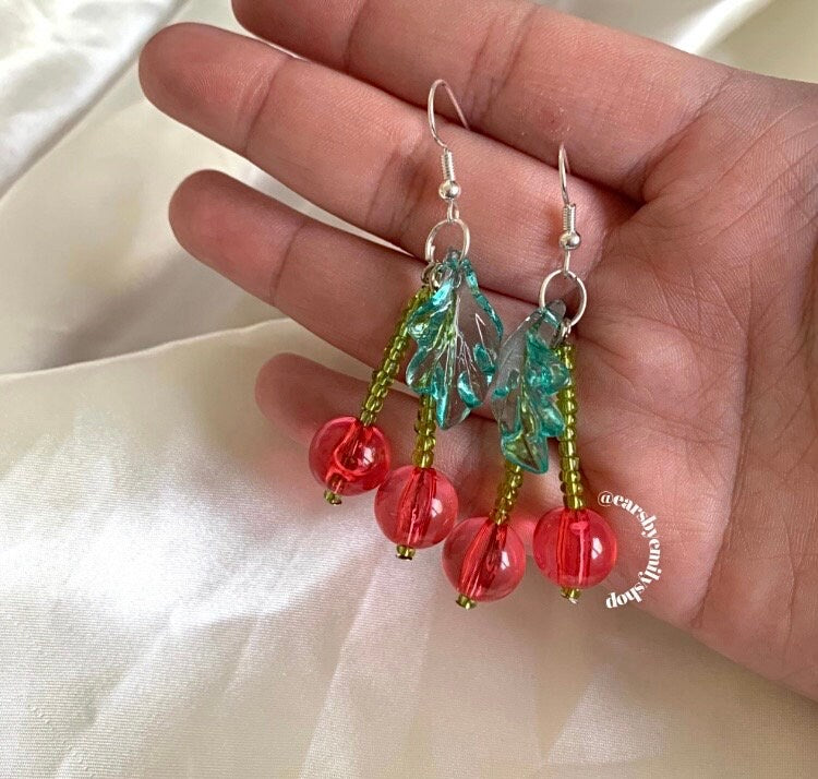 Handmade red and green beaded cherry silver dangle earrings