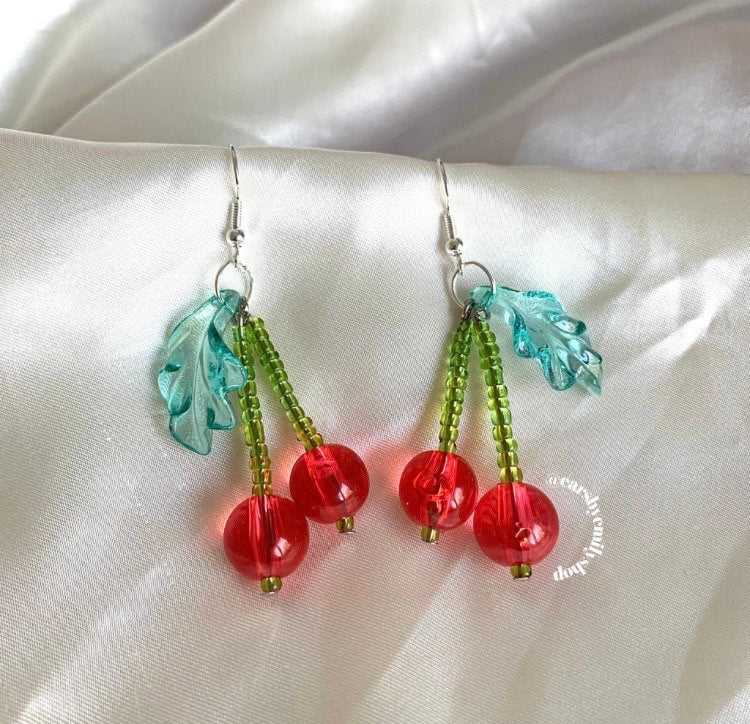 Handmade red and green beaded cherry silver dangle earrings