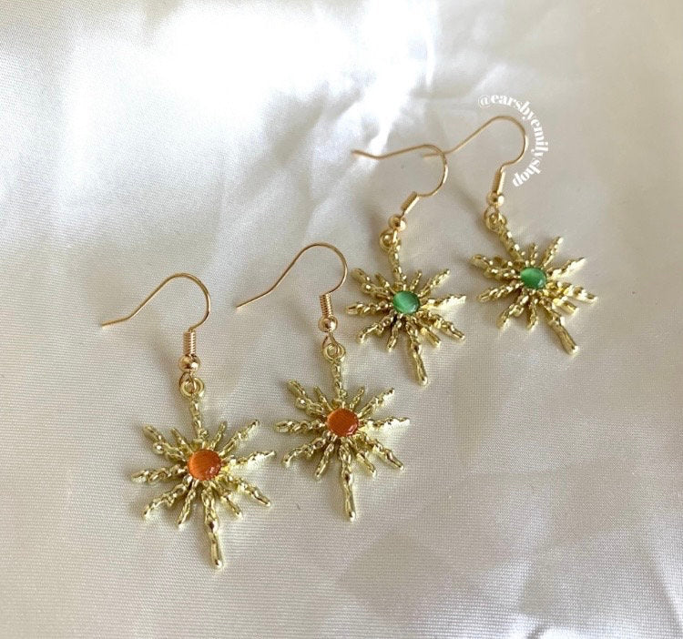 Orange or green gold sun dangle earrings