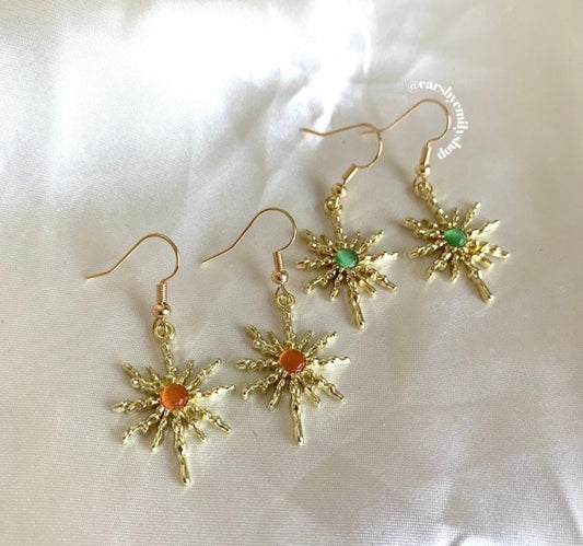 Orange or green gold sun dangle earrings