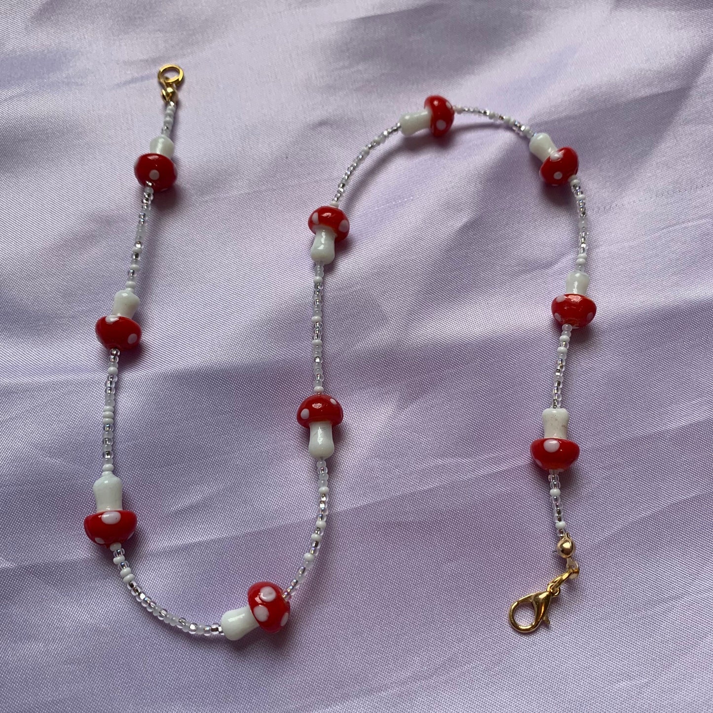 Red and white mushroom beaded necklace with gold