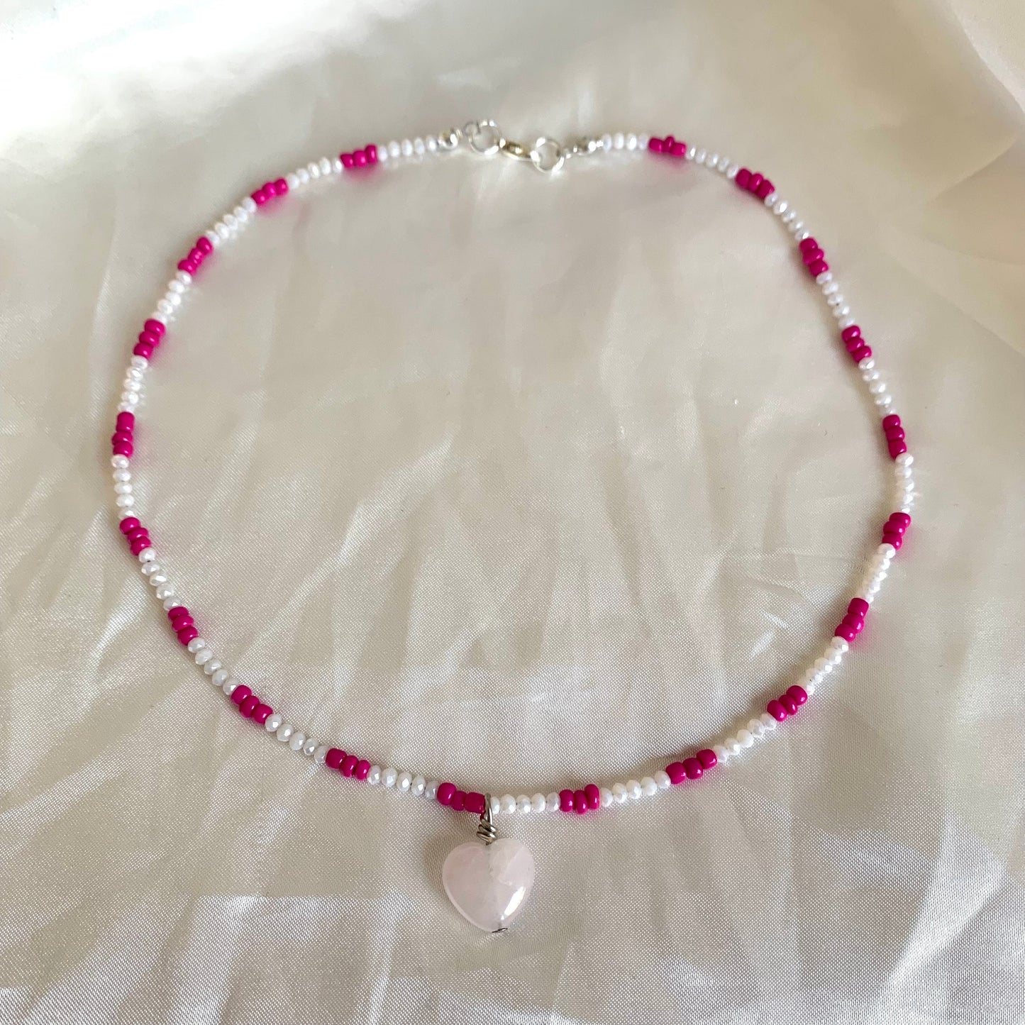 Handmade beaded pink and white rose quartz heart necklace