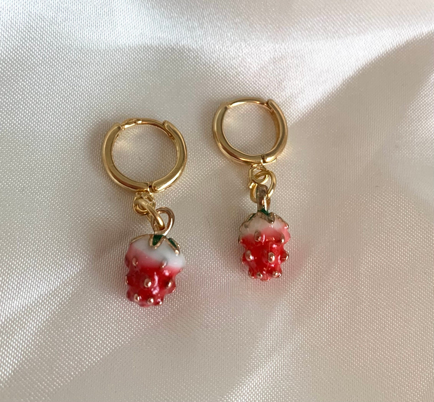 Red strawberry gold plated huggie hoop earrings