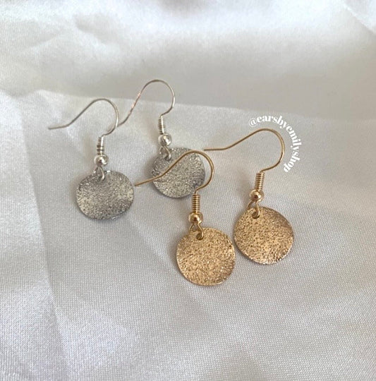 Minimalistic textured hammered disc dangle gold or silver plated earrings