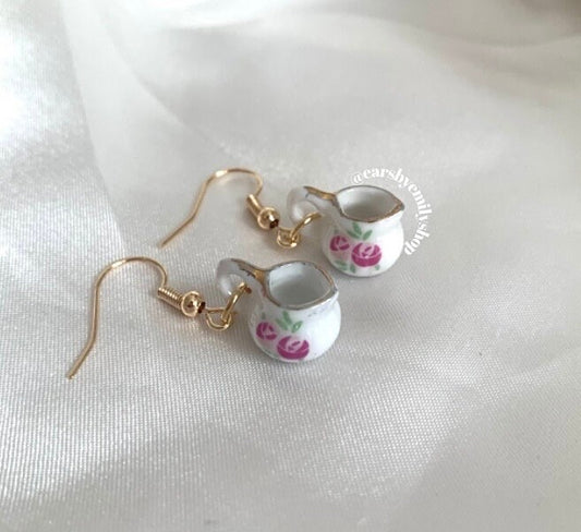 Rose white porcelain rustic tea coffee pot jug gold earrings