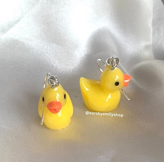 Yellow rubber duck silver dangle earrings