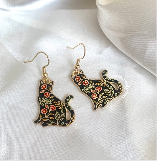 Black floral flower cat gold earrings