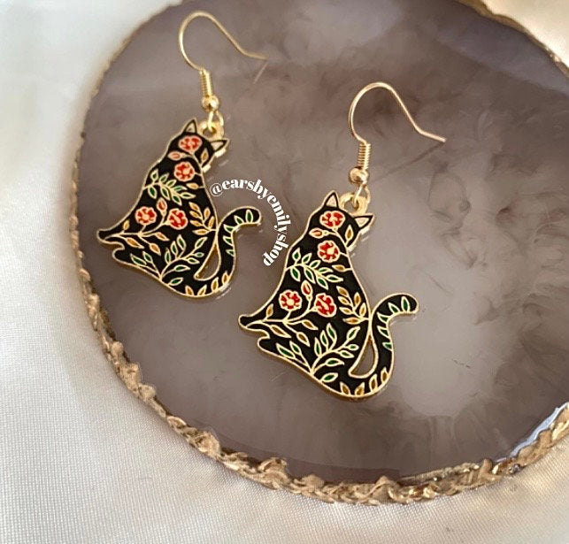 Black floral flower cat gold earrings