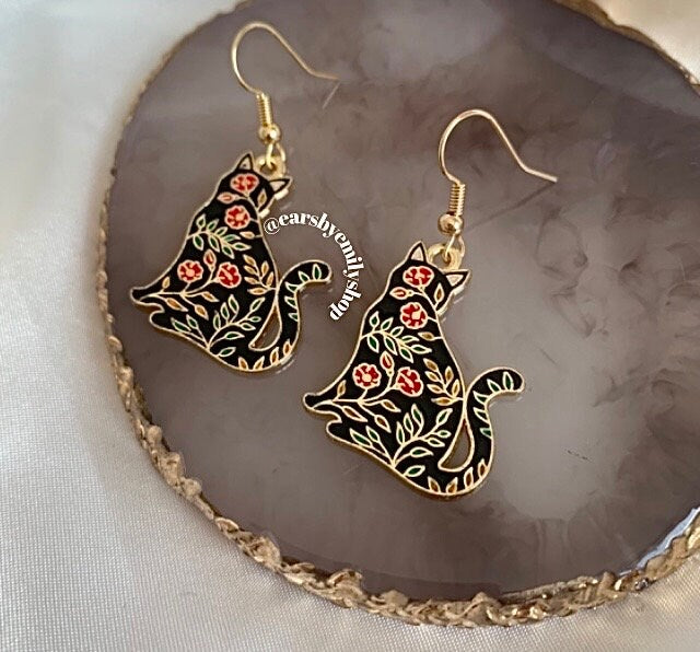 Black floral flower cat gold earrings