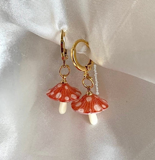 Gold orange and white mushroom toadstool huggie hoop earrings