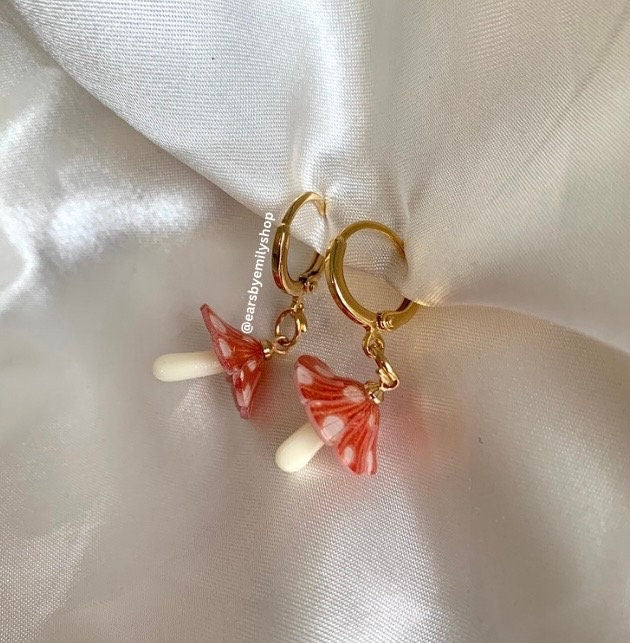 Gold orange and white mushroom toadstool huggie hoop earrings