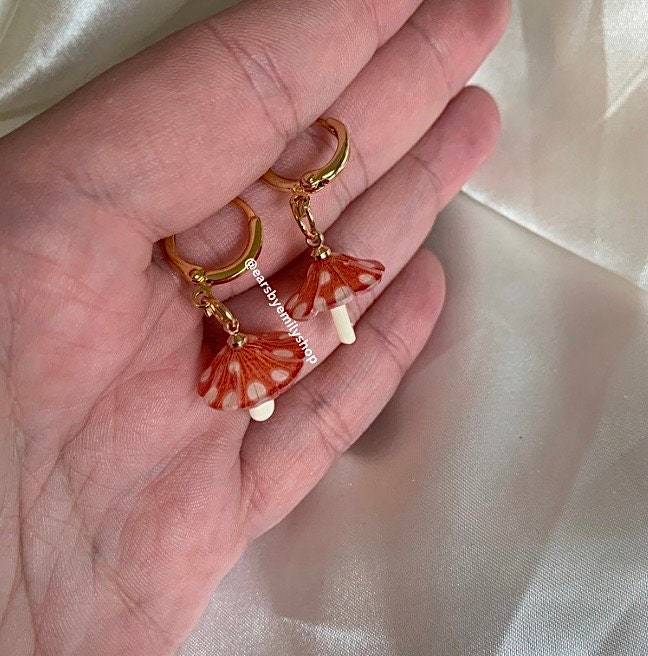 Gold orange and white mushroom toadstool huggie hoop earrings