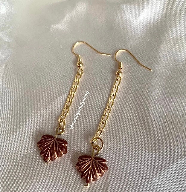 Brown autumn leaf chain gold earrings