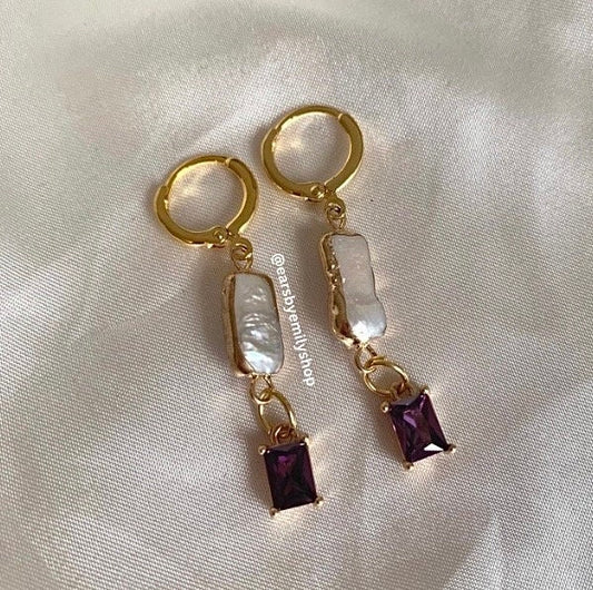 Gold plated purple crystal and pearl huggie hoop earrings