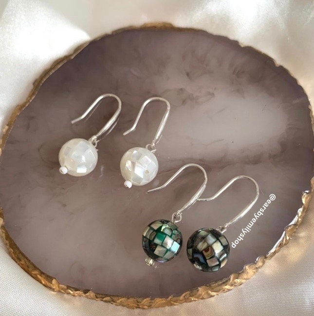 Sterling silver mosiac mother of pearl disco ball earrings