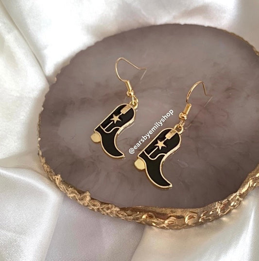 Black and gold western cowboy boot earrings