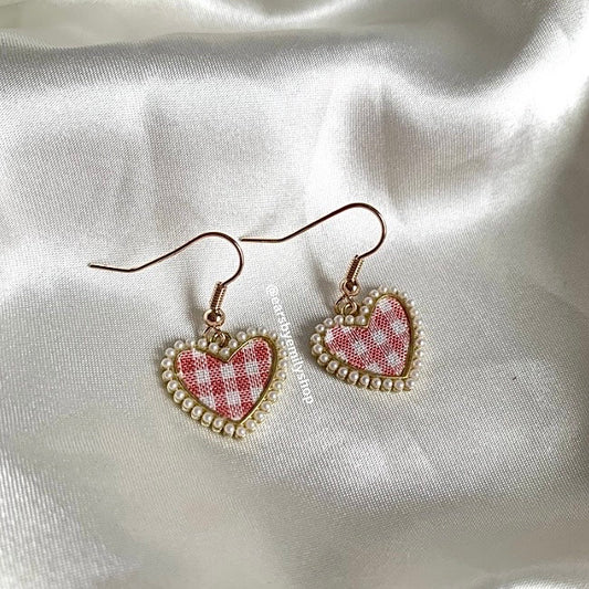 White pearl heart and pink gingham dangle gold earrings