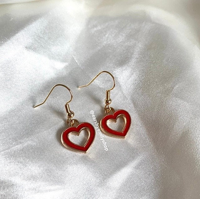 Red heart outline gold earrings