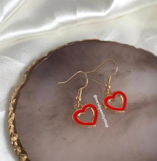 Red heart outline gold earrings