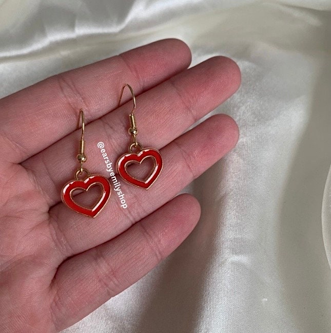 Red heart outline gold earrings