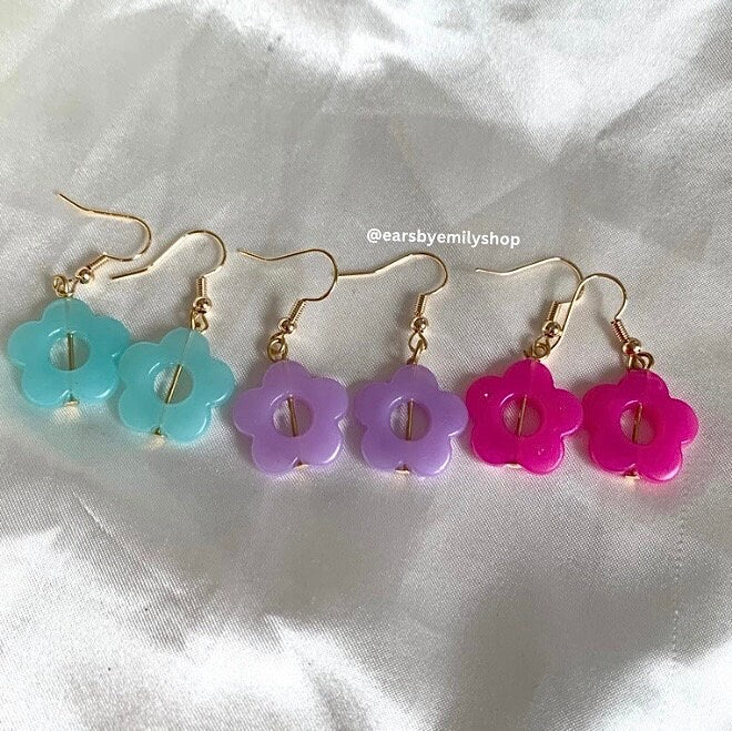 Colourful quirky cool flower handmade drop dangle earrings on 18k gold plated or silver plated hooks