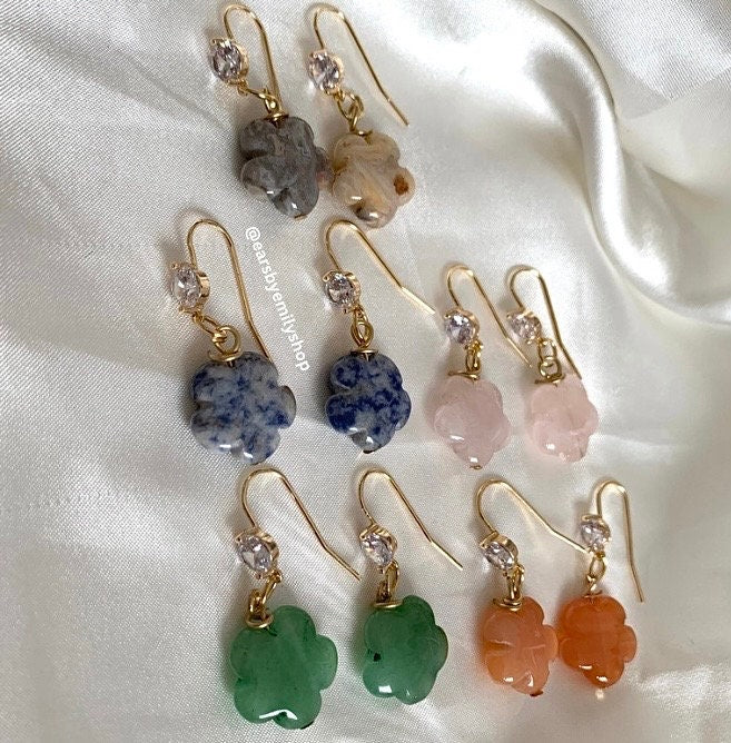 Gold plated semi precious flower crystal drop dangle earrings with diamanté  - rose quartz, carnelian, green aventurine, agate