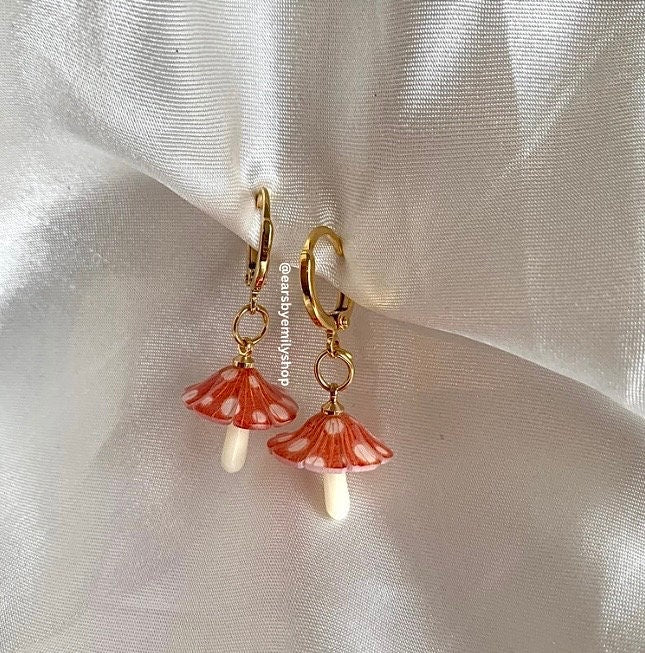 Gold orange and white mushroom toadstool huggie hoop earrings