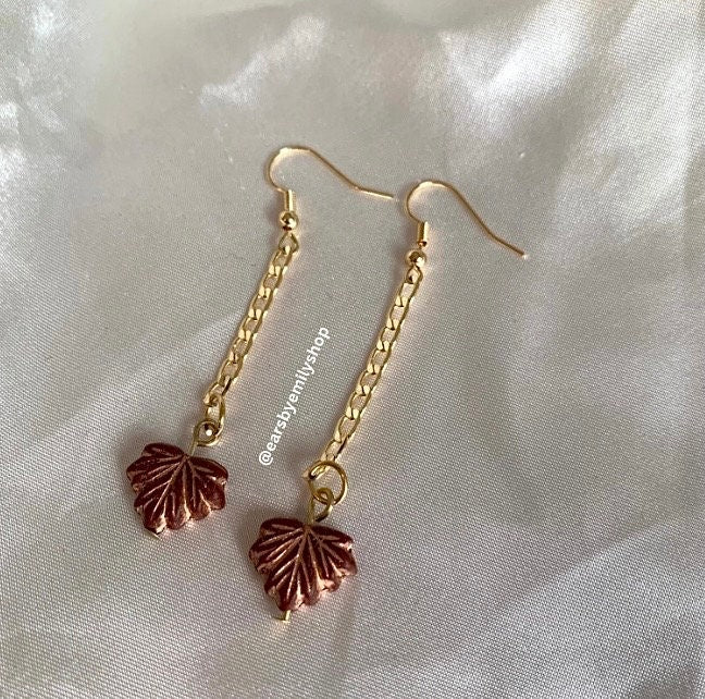 Brown autumn leaf chain gold earrings