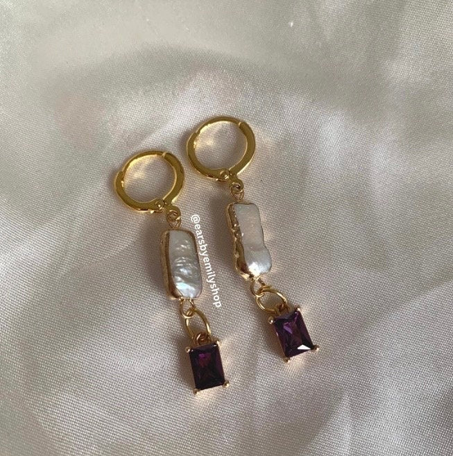 Gold plated purple crystal and pearl huggie hoop earrings