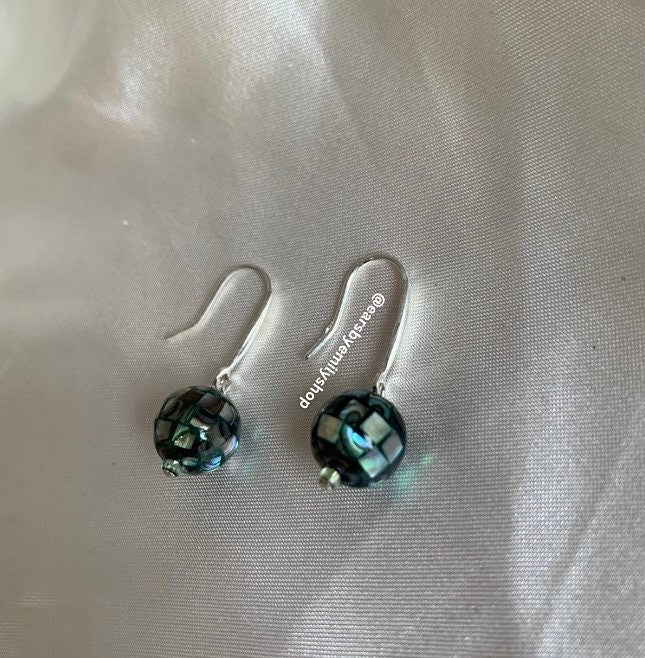 Sterling silver mosiac mother of pearl disco ball earrings