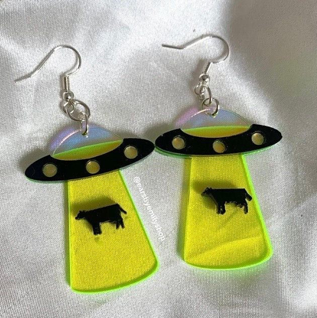 Black and yellow acrylic cow UFO space silver earrings