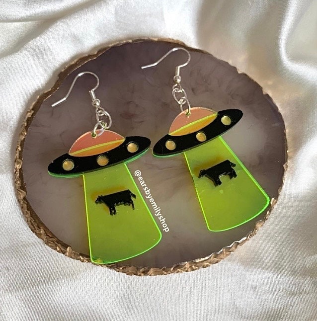 Black and yellow acrylic cow UFO space silver earrings