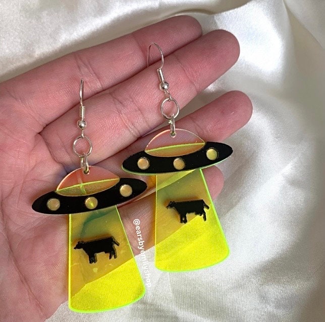 Black and yellow acrylic cow UFO space silver earrings