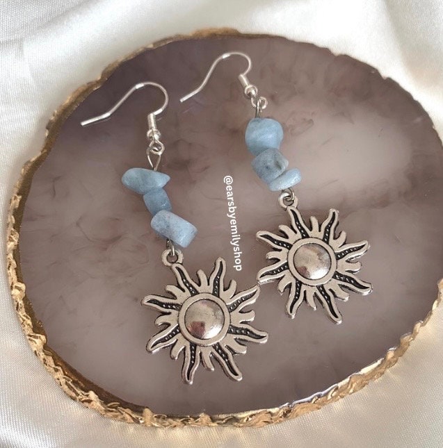 Cool quirky silver sun earrings with blue aquamarine crystal chips handmade drop dangle earrings