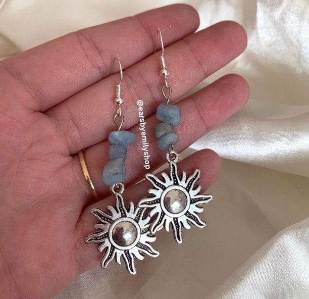 Cool quirky silver sun earrings with blue aquamarine crystal chips handmade drop dangle earrings