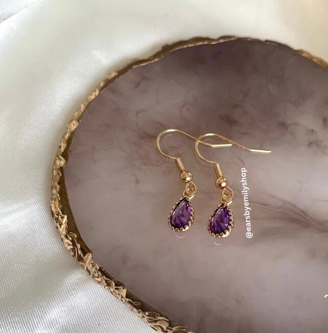 Purple gold teardrop gem drop dangle earrings