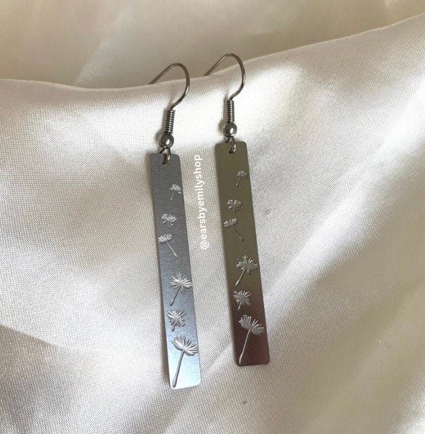 Stainless steel  rectangle with dandelion dangle earrings