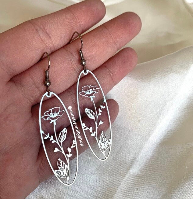 Stainless steel oval flower earrings