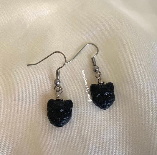 Black glass cat silver drop dangle earrings on surgical steel hooks