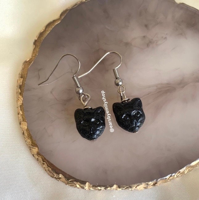 Black glass cat silver drop dangle earrings on surgical steel hooks