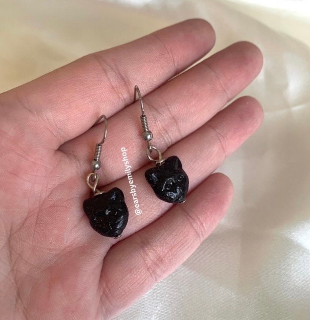 Black glass cat silver drop dangle earrings on surgical steel hooks